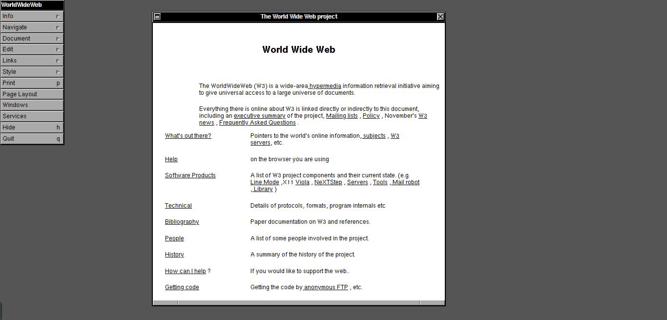 screenshot of the first website, hosted at info.cern.ch, explaining the world wide web project
