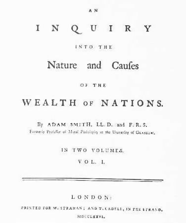 Title page of the first edition of An Inquiry into the Nature and Causes of the Wealth of Nations, 1776